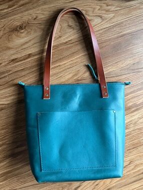 Portland Leather Teal Tote with Brown Straps